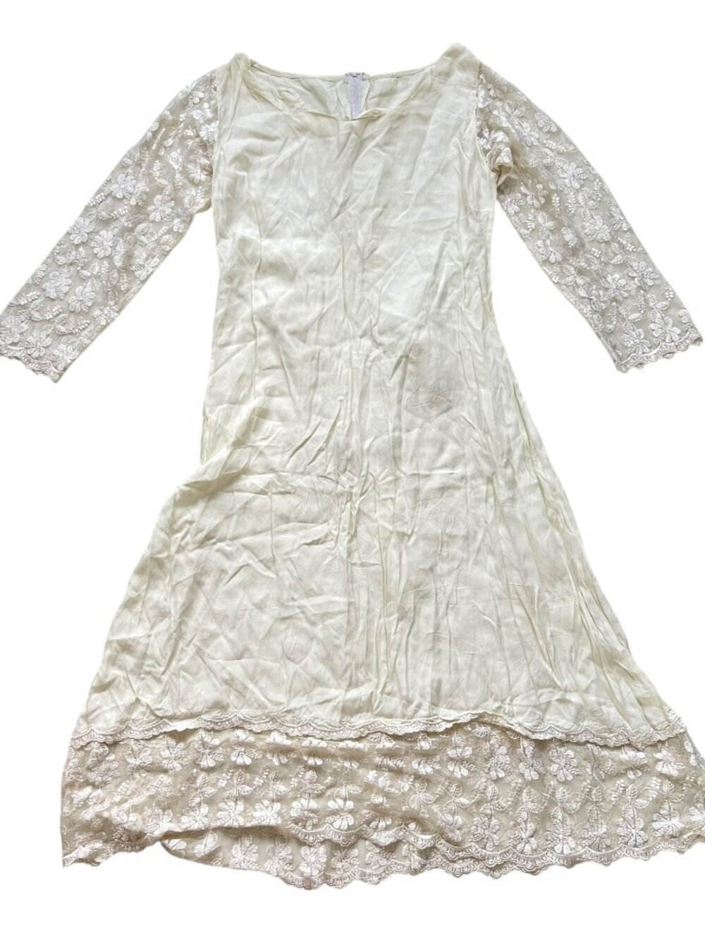 Long Sleeve Cream Lace Hem Dress